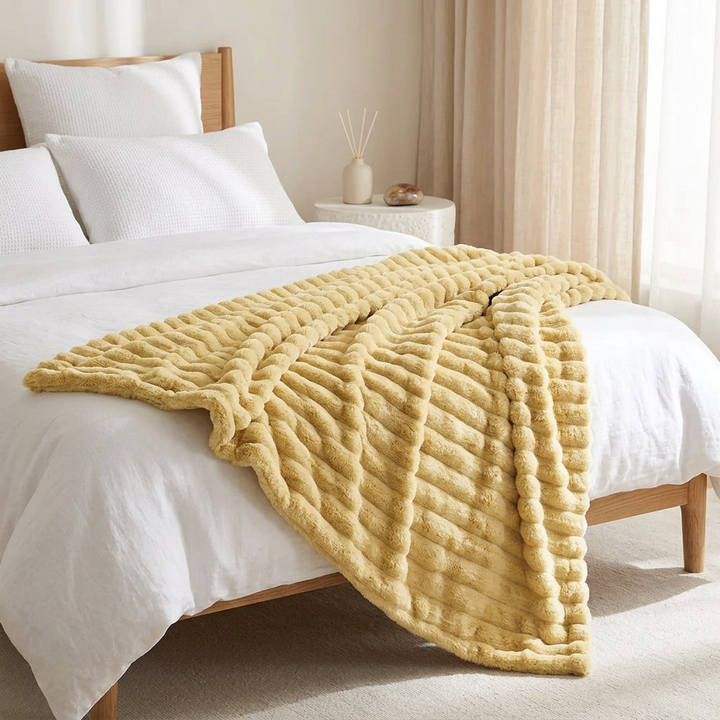 Person holding a large beige knitted blanket in a room with a white curtain and black and white object.