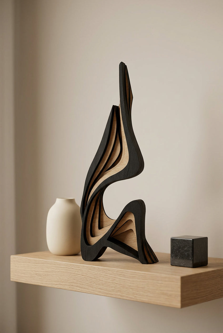 Sculptural object on a wooden surface with a blurred background