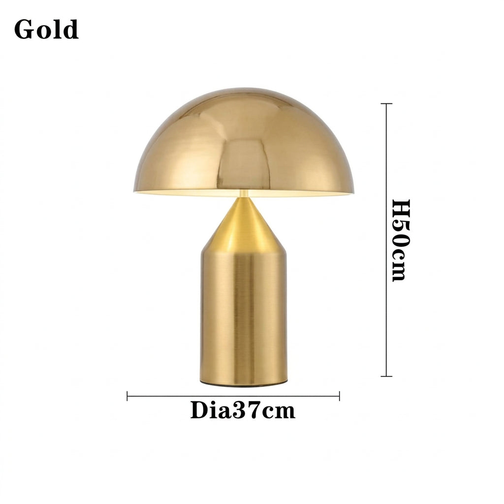 Gold table lamp with dimensions on a white background