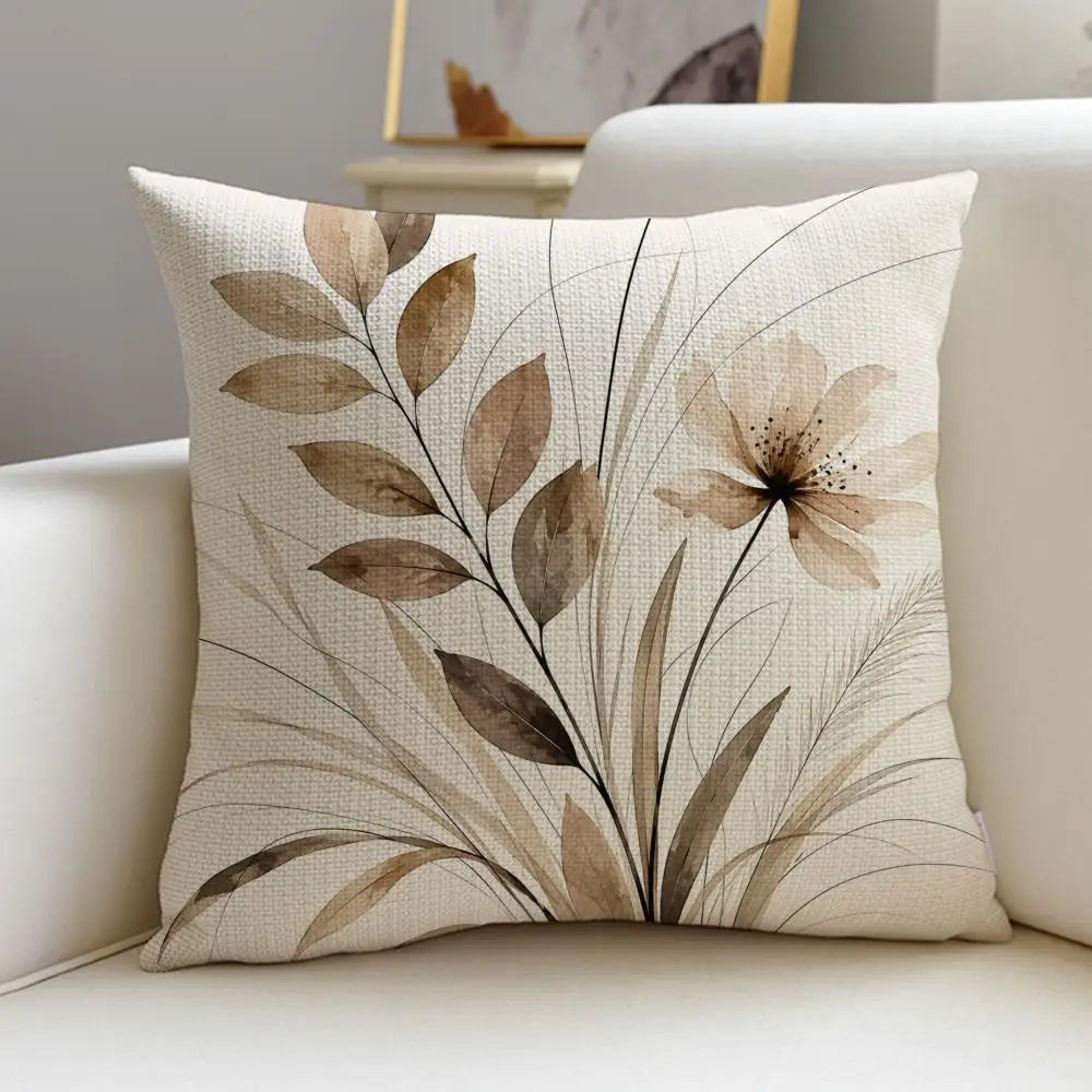Beige Minimal Blooms Cushion Cover 4Pcs Linen Throw Pillow Covers