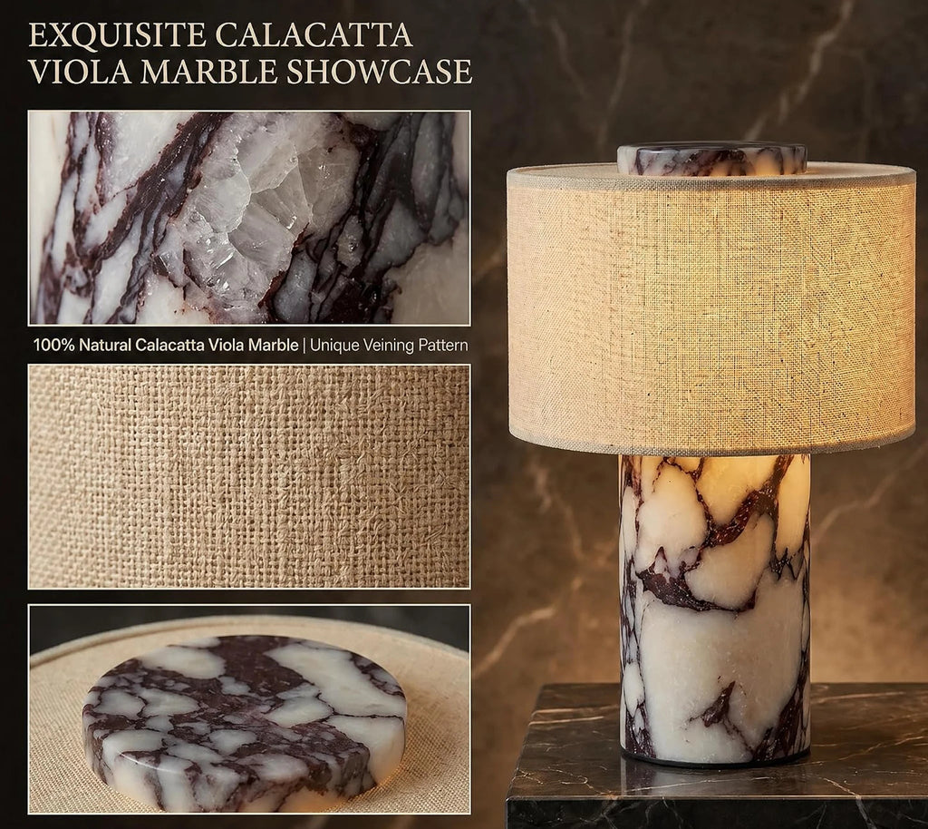 A marble table lamp with a textured beige fabric drum shade and a cylindrical base carved from natural calacatta viola marble, shown beside three detail inset images highlighting the marble veining and the woven shade texture. Text reads 'EXQUISITE CALACATTA VIOLA MARBLE SHOWCASE' and 'Each piece is one-of-a-kind.