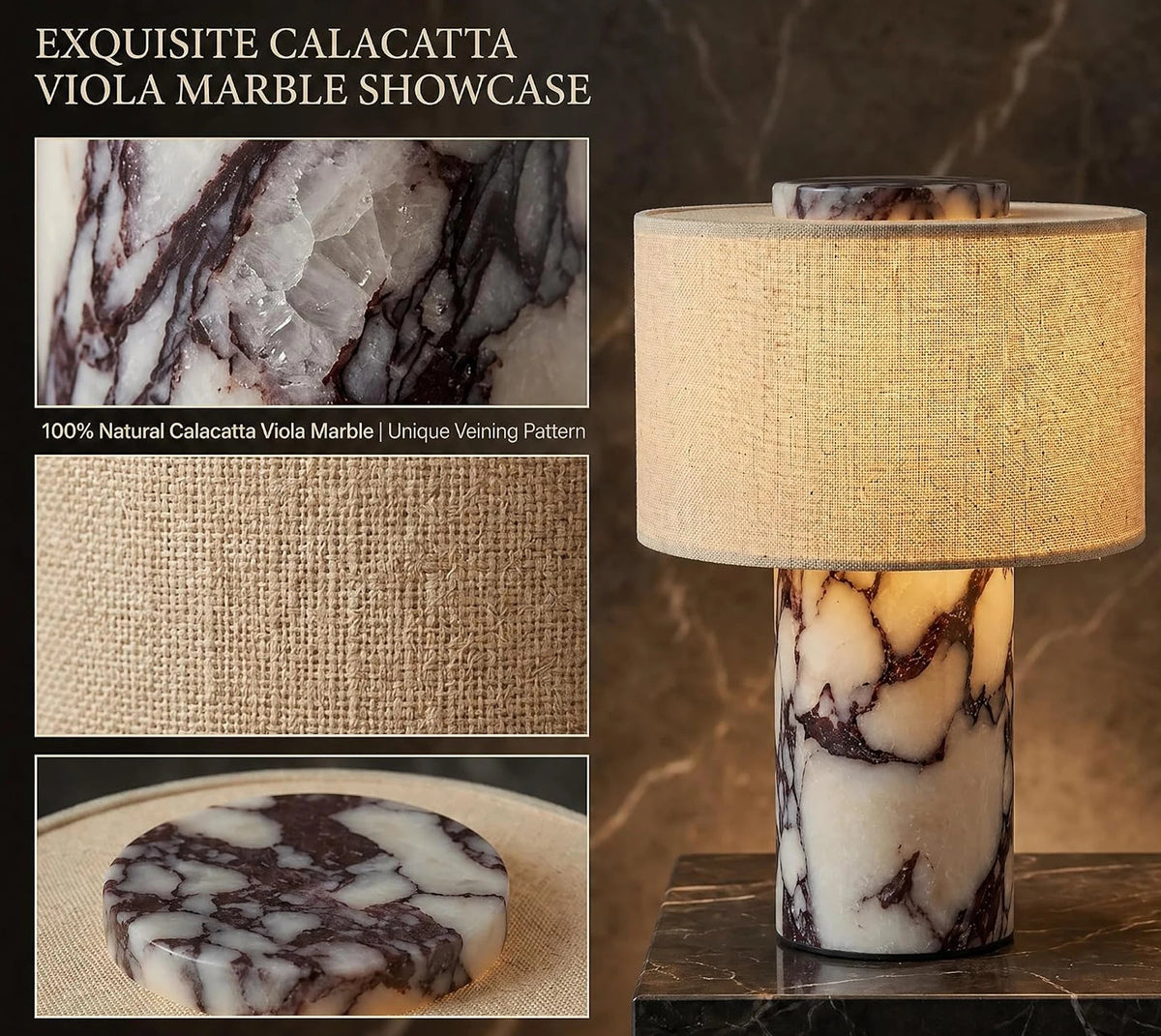 A marble table lamp with a textured beige fabric drum shade and a cylindrical base carved from natural calacatta viola marble, shown beside three detail inset images highlighting the marble veining and the woven shade texture. Text reads 'EXQUISITE CALACATTA VIOLA MARBLE SHOWCASE' and 'Each piece is one-of-a-kind.