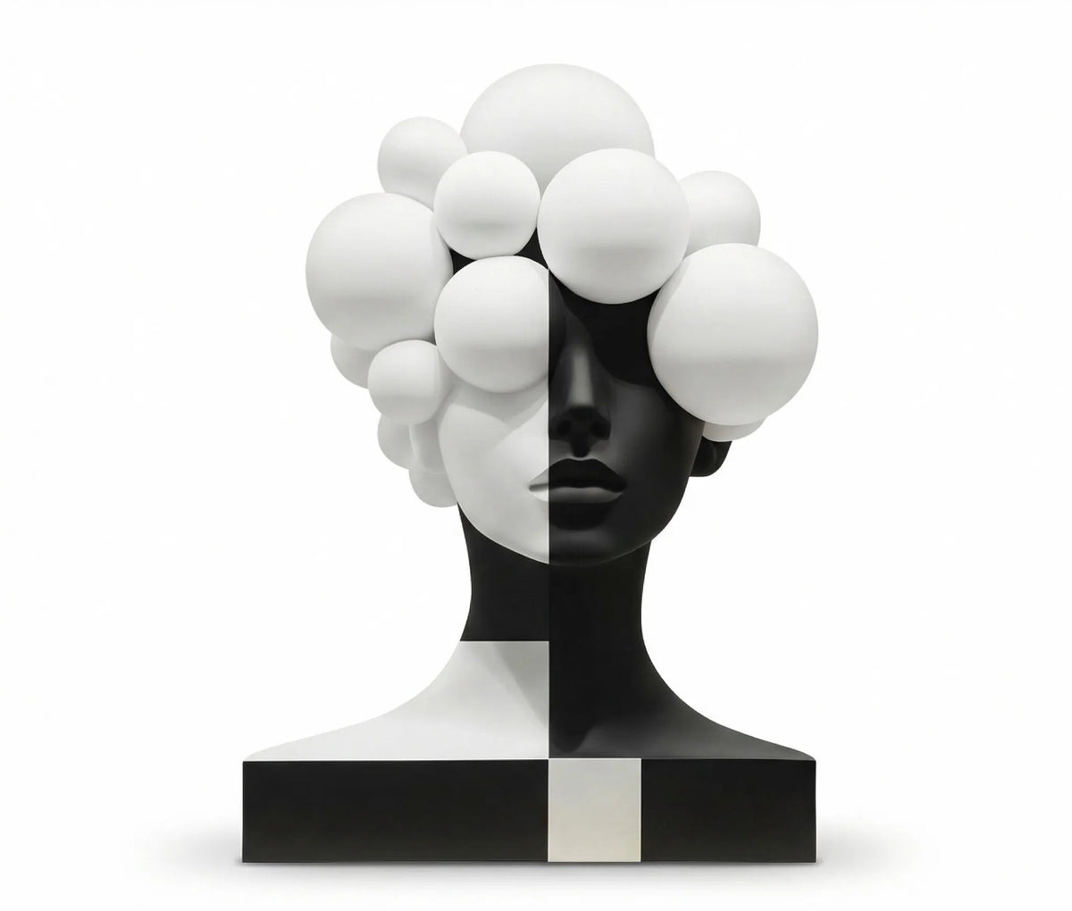 A modern abstract sculpture of a stylized human head and neck with floating white spheres, shown on a white background with Chinese product information text below.