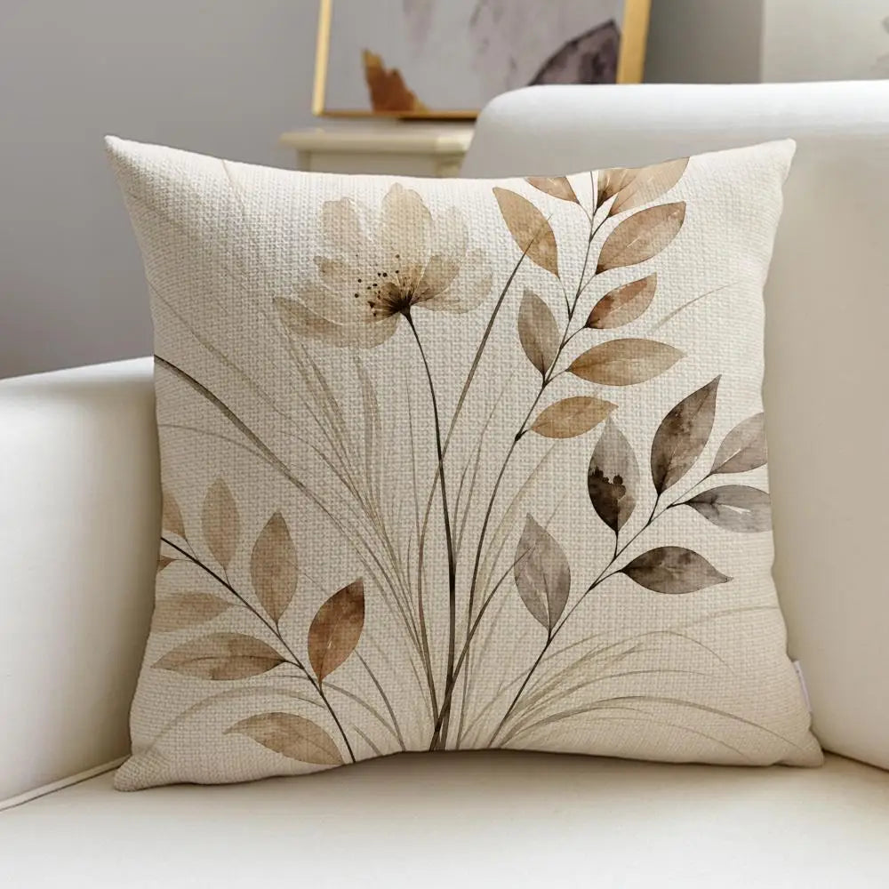 Beige Minimal Blooms Cushion Cover 4Pcs Linen Throw Pillow Covers