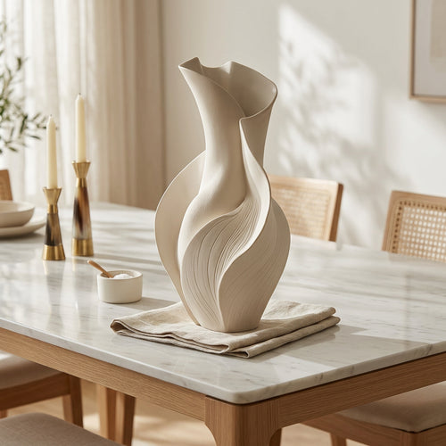 Beige ceramic vase with wavy design on a beige background