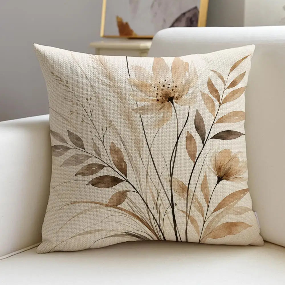 Beige Minimal Blooms Cushion Cover 4Pcs Linen Throw Pillow Covers