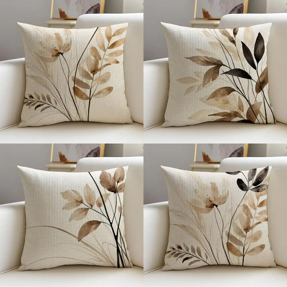 Beige Minimal Blooms Cushion Cover 4Pcs Linen Throw Pillow Covers