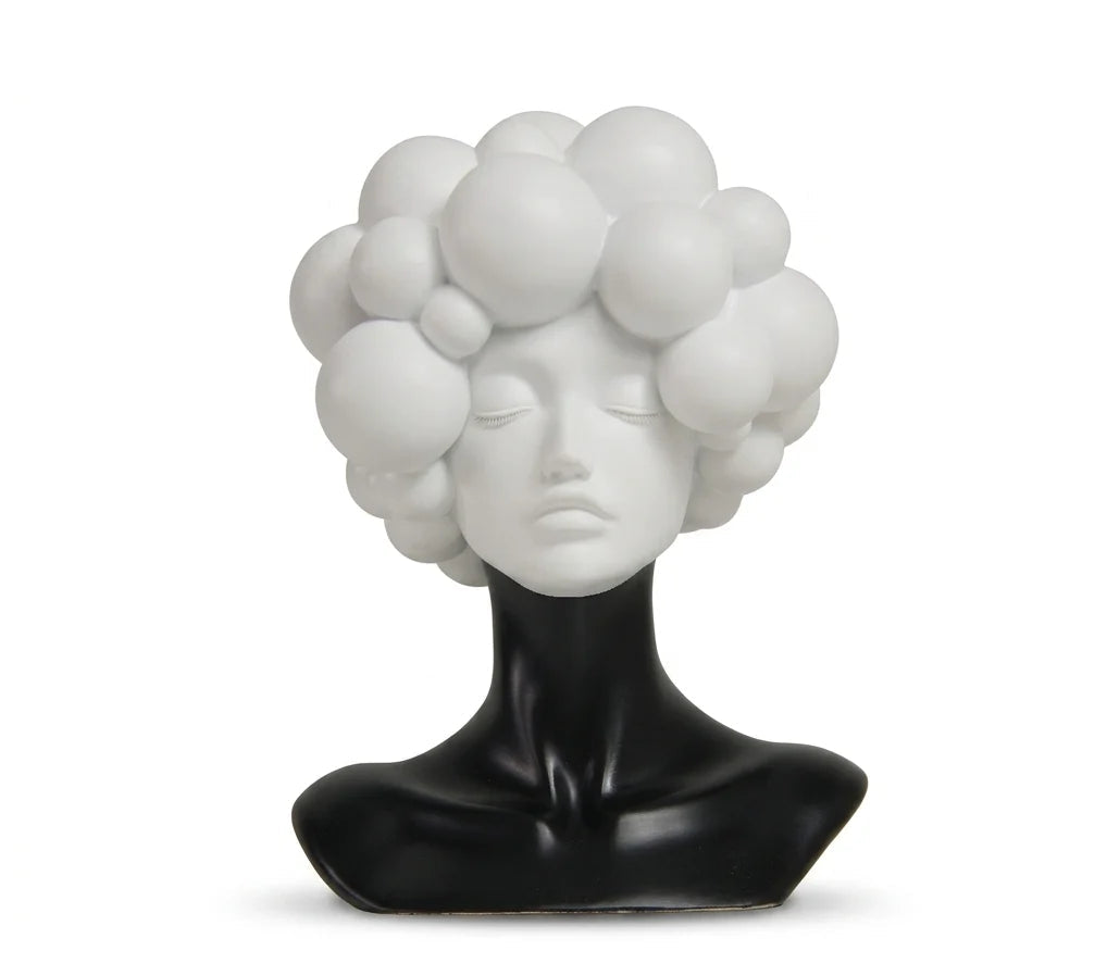 A sculptural resin bust of a woman's face with closed eyes and a voluminous bubble-like hairstyle, mounted on a glossy black neck base. Shown on a white background with Chinese product text below.