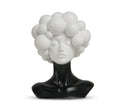 A sculptural resin bust of a woman's face with closed eyes and a voluminous bubble-like hairstyle, mounted on a glossy black neck base. Shown on a white background with Chinese product text below.
