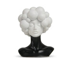 A sculptural resin bust of a woman's face with closed eyes and a voluminous bubble-like hairstyle, mounted on a glossy black neck base. Shown on a white background with Chinese product text below.