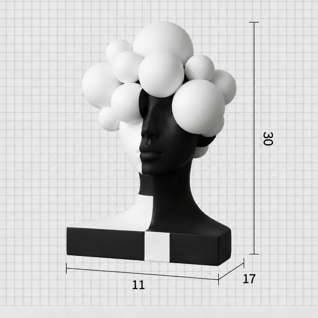 A black and white sculptural bust with a glossy black face and neck, white hair-like spheres, and a rectangular base, shown on a light gray grid background with dimension labels reading 30 cm height, 11 cm width, and 17 cm length.