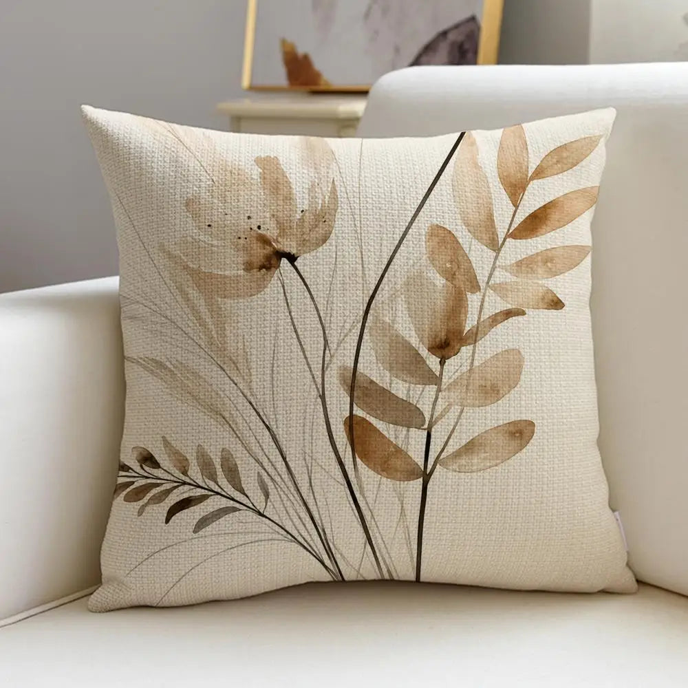 Beige Minimal Blooms Cushion Cover 4Pcs Linen Throw Pillow Covers