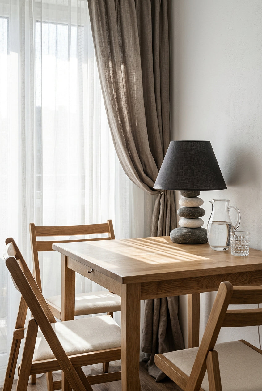 A small light wood table with two chairs in a bright room, styled with a black lamp and glassware on top.