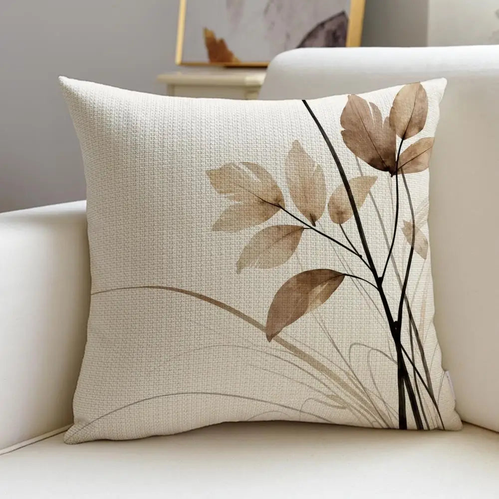 Beige Minimal Blooms Cushion Cover 4Pcs Linen Throw Pillow Covers