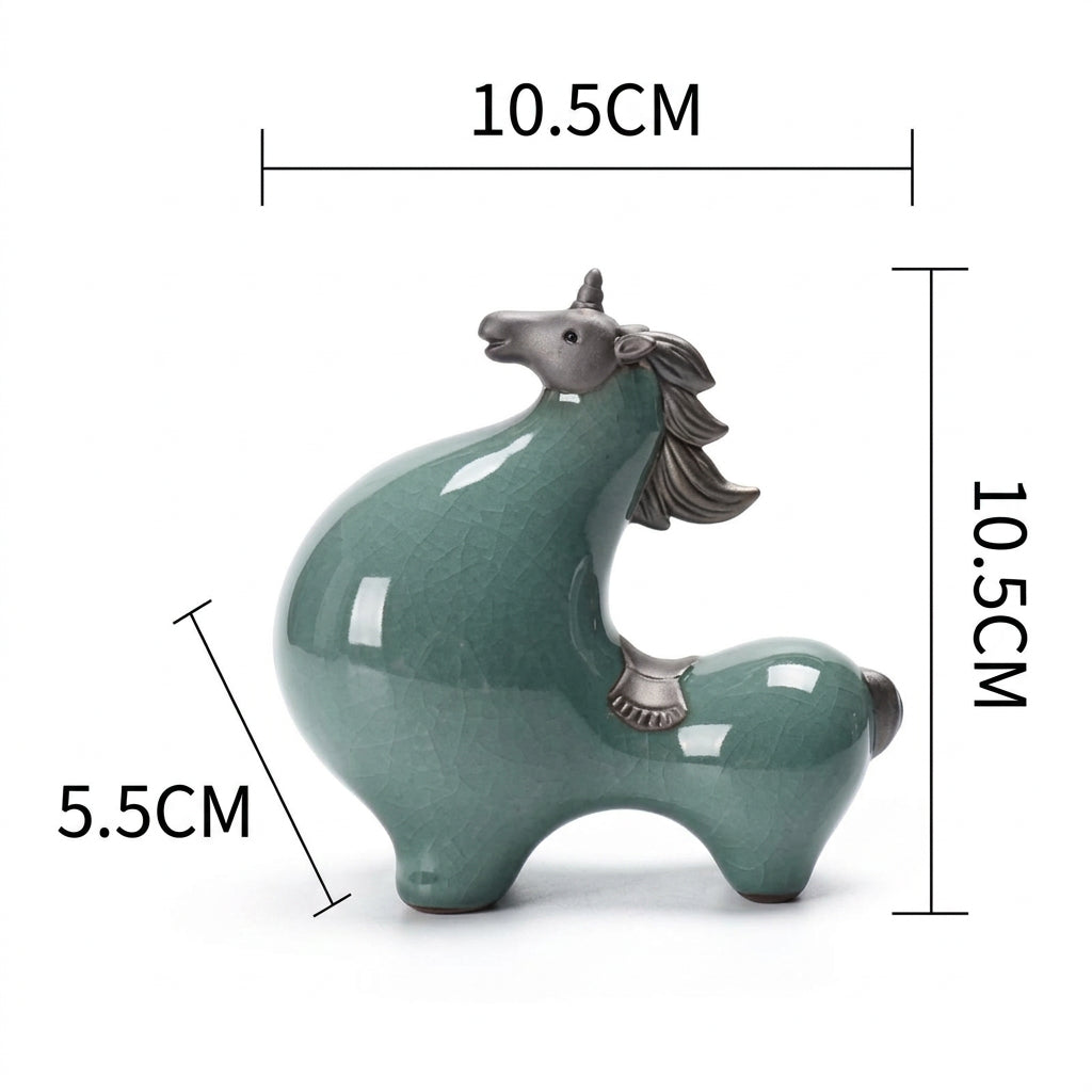 Green ceramic horse figurine with measurements on a white background