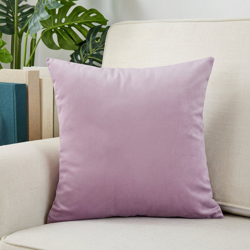 Purple pillow on a couch with books and a plant in the background