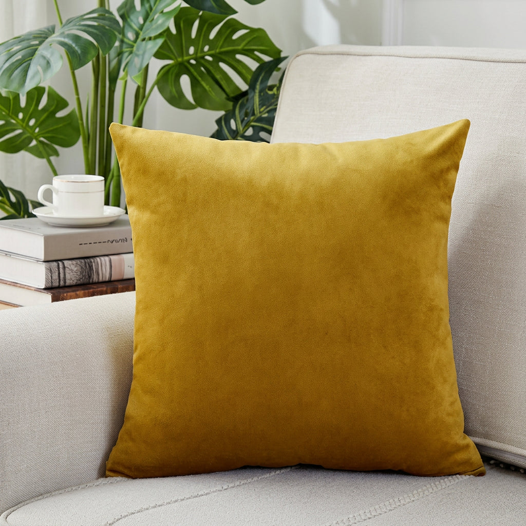 Mustard yellow pillow on a sofa with books and a plant in the background