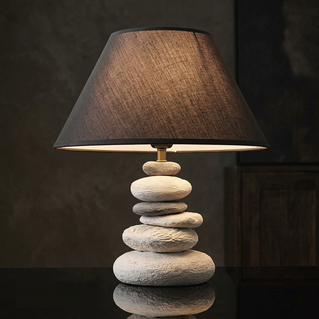 Close-up of a table lamp with a dark brown textured fabric shade and a round light beige wooden base, set against a dark brown background with the text 'NORDIC TIME, ARTIST OF LIFE.' in the lower left corner.
