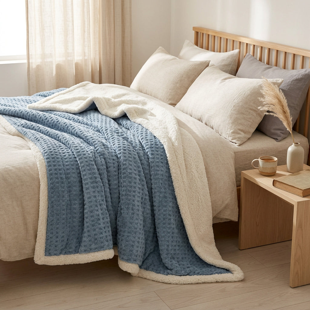 Person holding a large blue and beige textured blanket indoors.