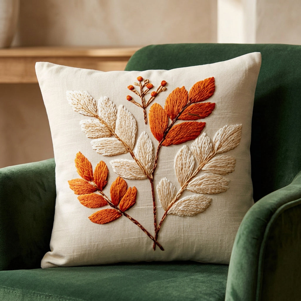 A square cream throw pillow with a 3D embroidered leaf design in orange and beige, resting on a wooden chair. Text at the top reads '2D Flat Printing, Non-Real Embroidery'.