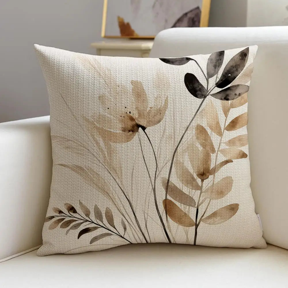 Beige Minimal Blooms Cushion Cover 4Pcs Linen Throw Pillow Covers