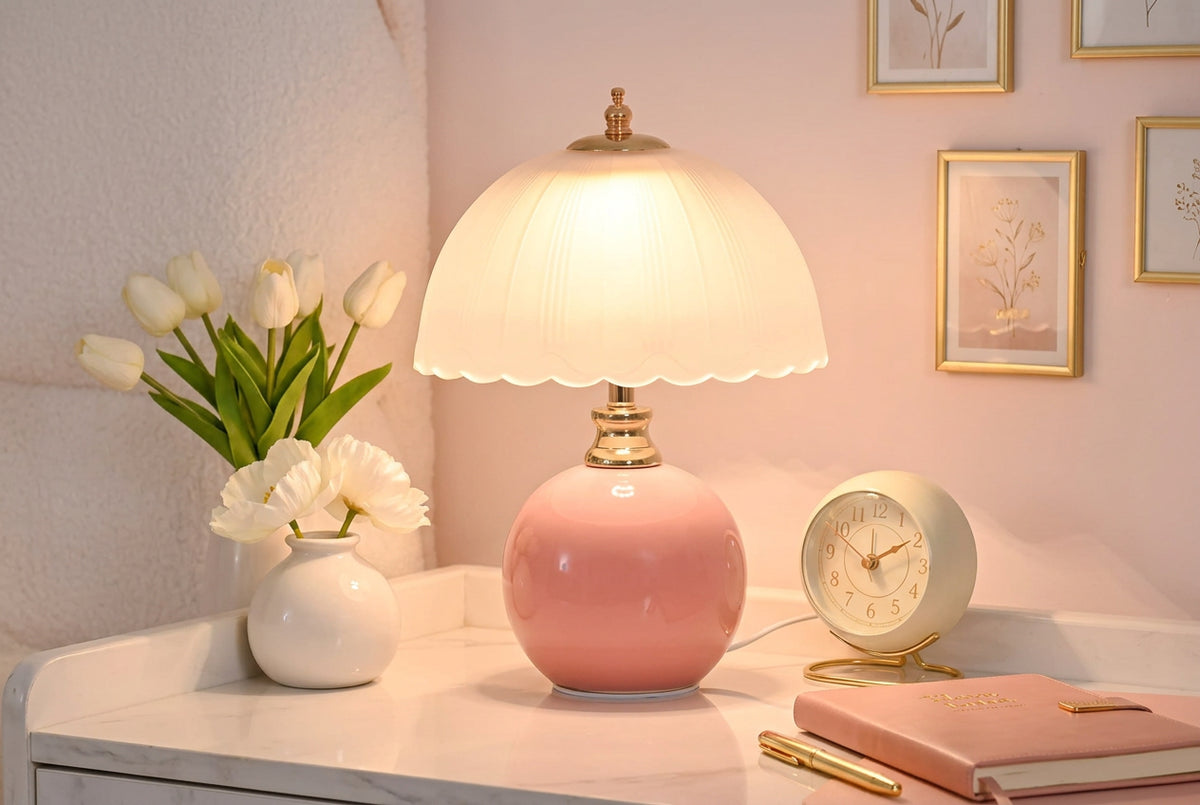 Pink ceramic table lamp with scalloped white shade on a surface.