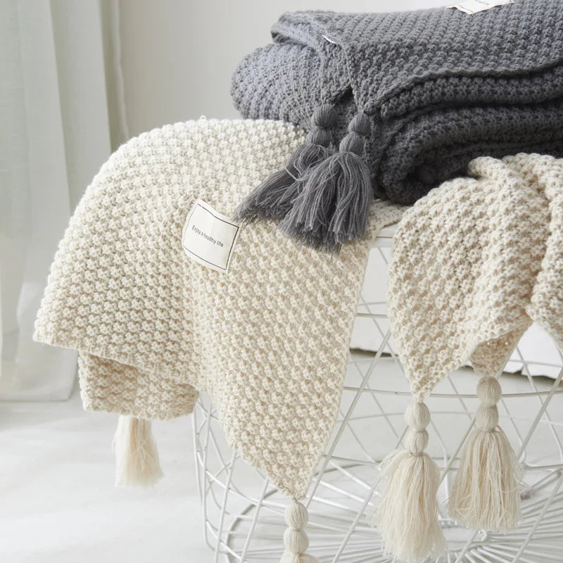 Waffle Knit Tassel Throw Blanket
