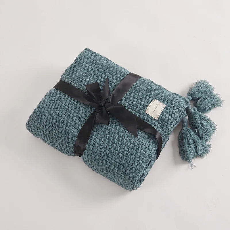 Waffle Knit Tassel Throw Blanket